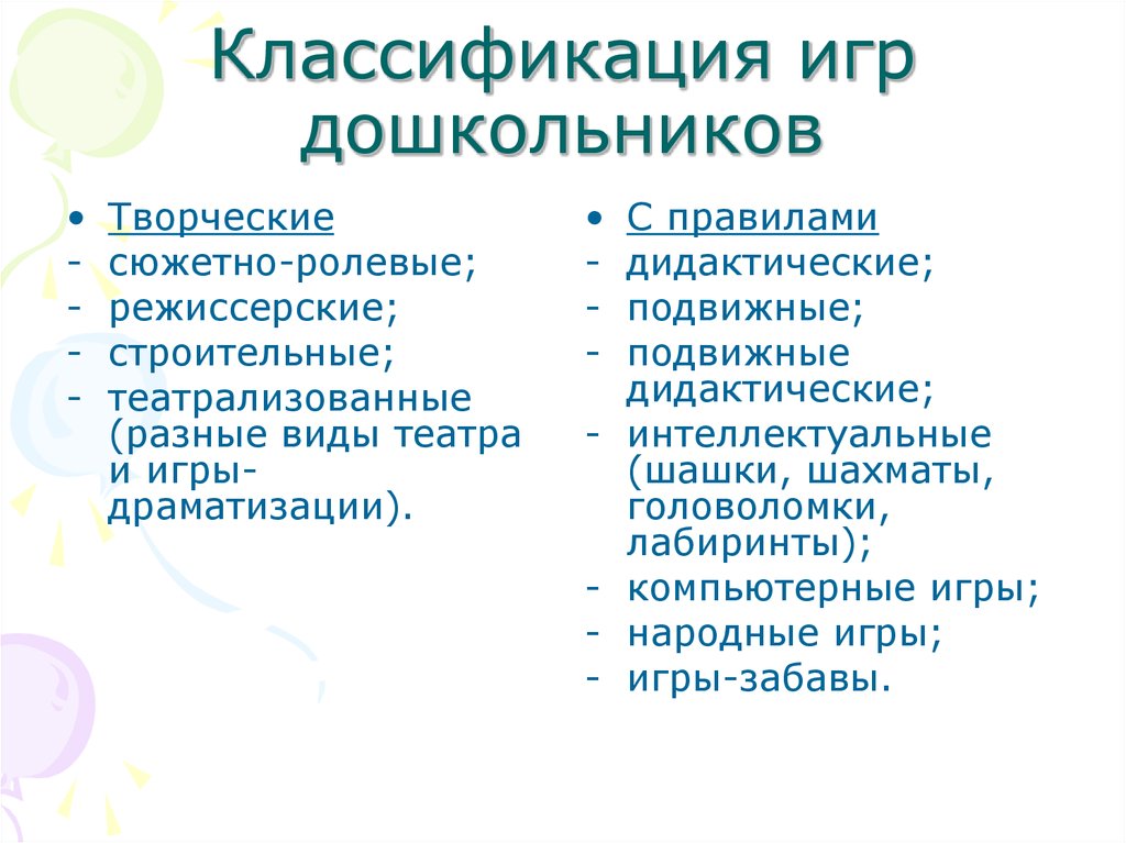 Виды игр в доу. Классификация игр детей дошкольного возраста по ФГОС. Классификация игр в ДОУ. Классификация творческих игр дошкольников. Классификация и виды игр для дошкольников.