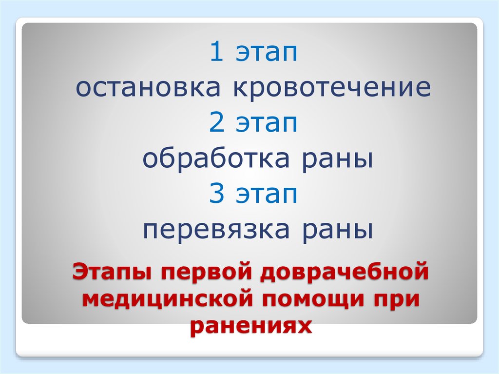 Этапы первой доврачебной медицинской помощи при ранениях