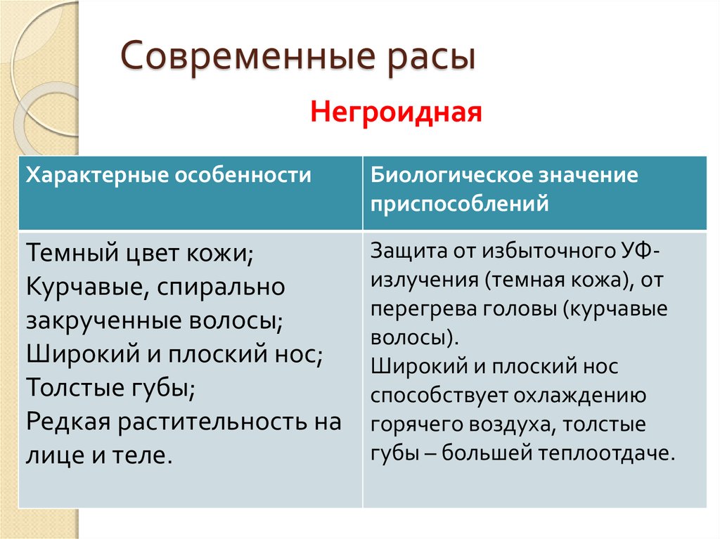 Негроидная раса значение. Биологическое значение особенности расы. Адаптивные признаки европеоидной расы. Биологическое значение приспособлений негроидной расы. Биологические особенности рас человека.