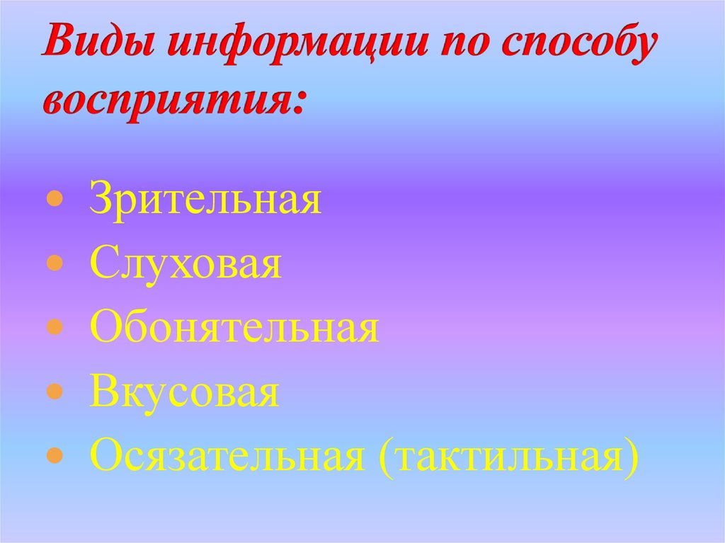 Виды информации по способу восприятия:
