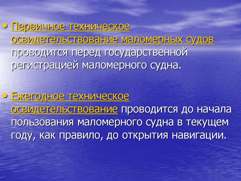 Организация обеспечения людей на водных объектах. Техническое освидетельствование маломерных судов. Ежегодное освидетельствование маломерного судна. Государственная регистрация маломерного судна. Техническое освидетельство проводится.