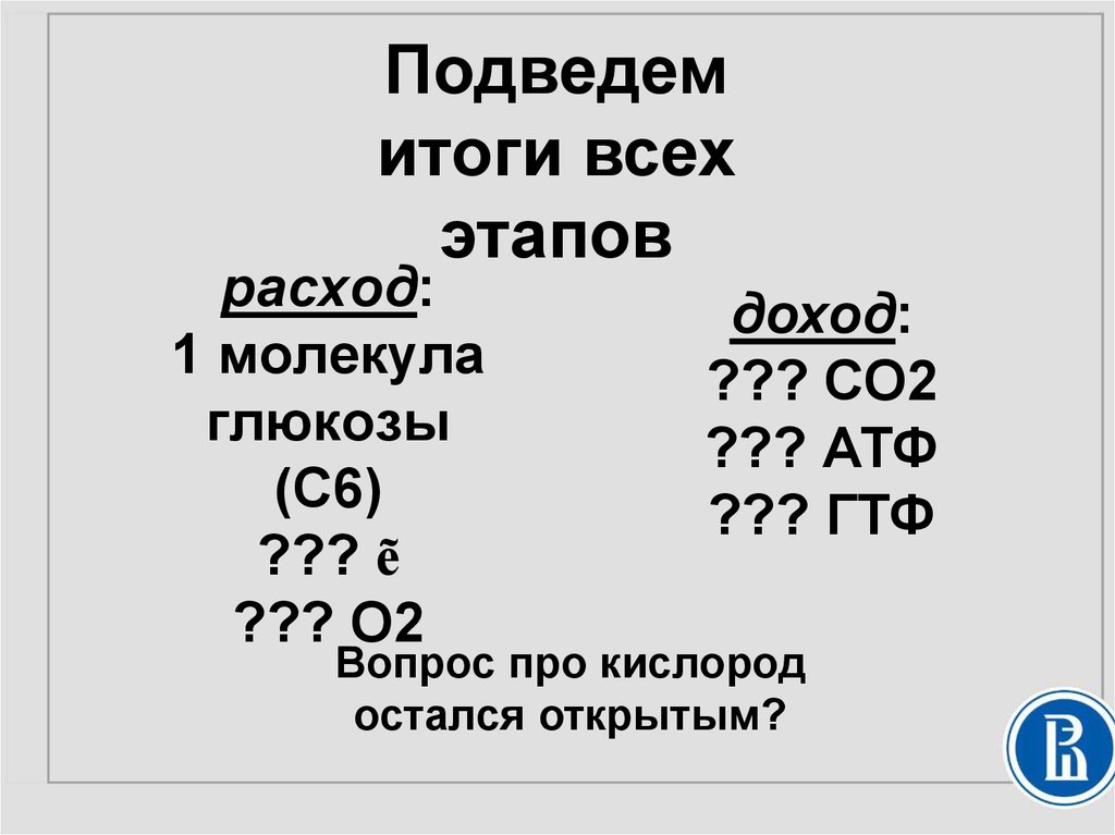 расход: 1 молекула глюкозы (С6) ??? ẽ ??? О2