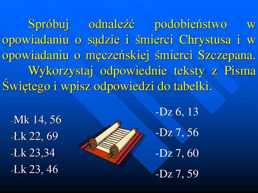 Spróbuj odnaleźć podobieństwo w opowiadaniu o sądzie i śmierci Chrystusa i w opowiadaniu o męczeńskiej śmierci Szczepana.