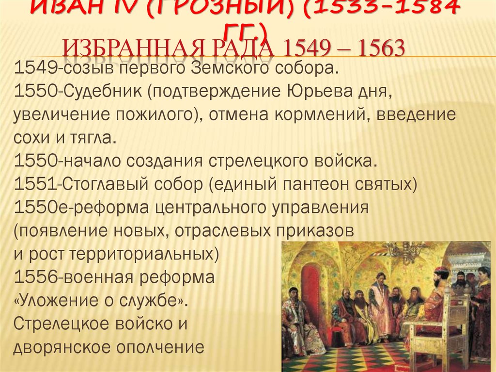 Реформы ивана 3. Созыв первого земского собора избранная рада. Избранная рада реформы 1533-1584. Избранная рада 1549. Последствия созыва первого земского собора.