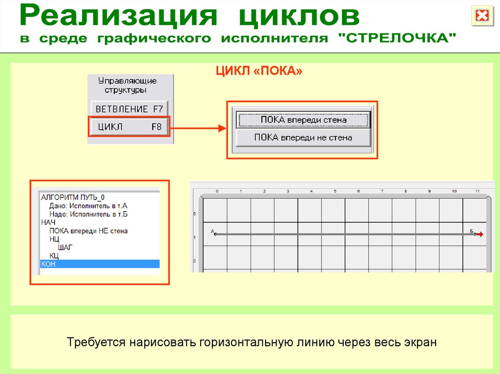 Реализация циклов. Цикл Грис стрелочка. Циклы в стрелочке. Среда графического исполнителя. Стрелочка цикл пока.