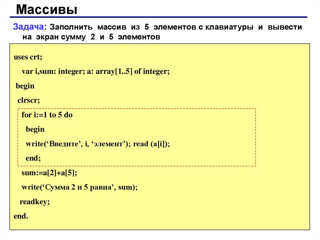 Выведите на экран сумму. Заполнить массив с клавиатуры Паскаль. Ввод элементов массива с клавиатуры Паскаль. Как заполнять элементы массива в Паскале. Заполнение массива с клавиатуры Паскаль.