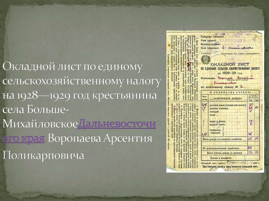 Окладной лист по единому сельскохозяйственному налогу на 1928—1929 год крестьянина села Больше-МихайловскоеДальневосточного