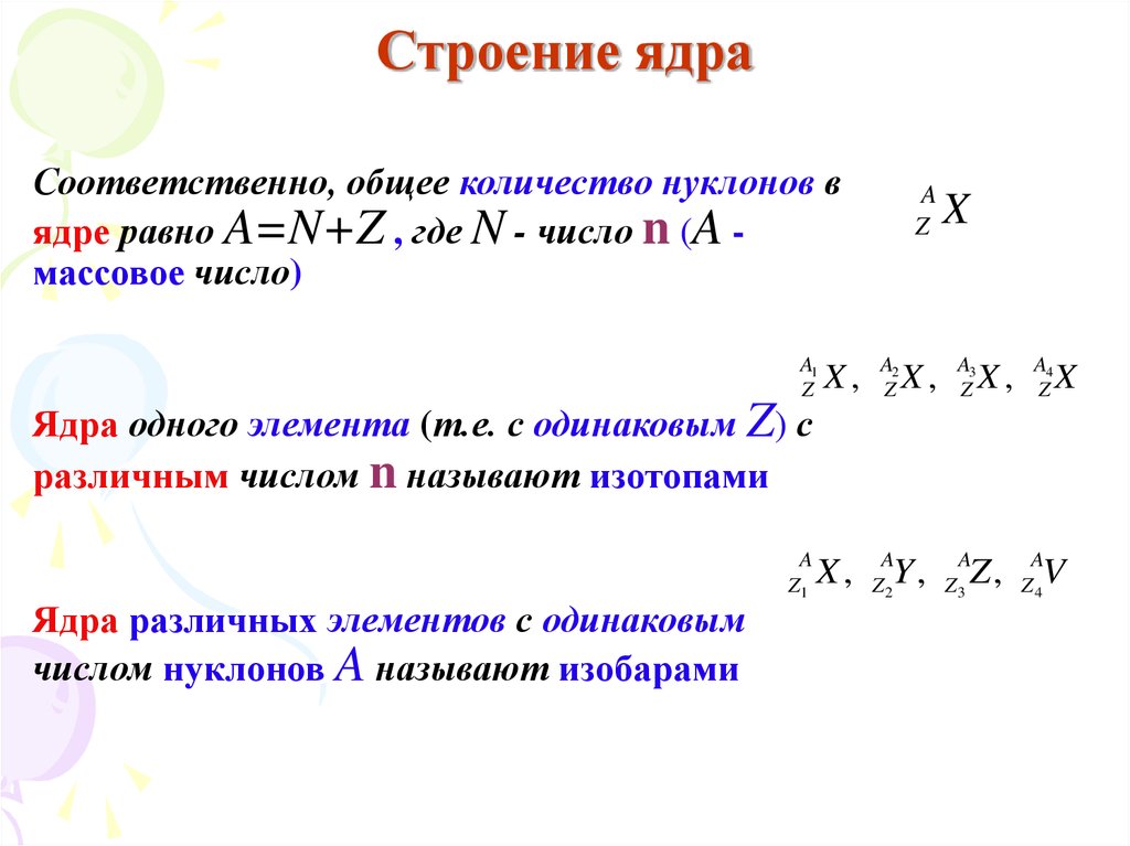 Энергия связи нуклонов в ядре равно. Общее число нуклонов в ядре. Ядра с одинаковым массовым числом. Строение ядра массовое число нуклоны. Число нуклонов в ядре равно.