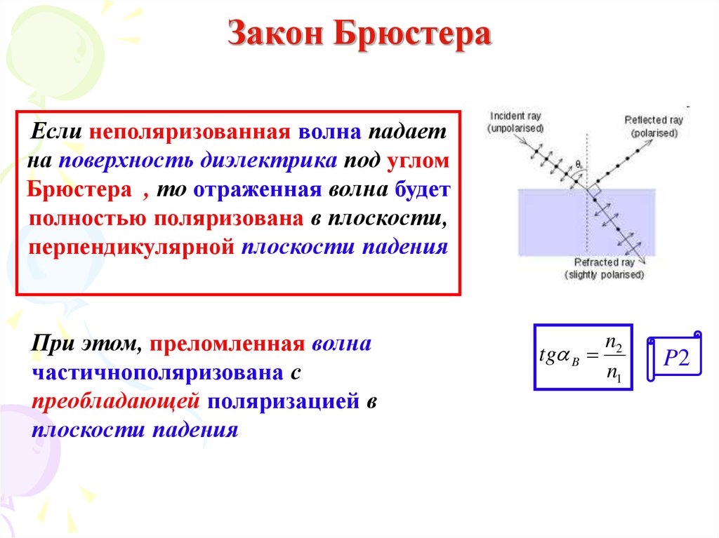 Закон брюстера имеет вид укажите на рисунке поляризацию лучей