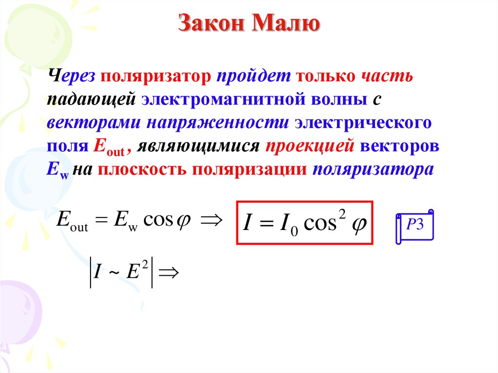 Контур законы. Вектор напряженности через поляризатор. Формулировка закона малю. Волновое уравнение до и после поляризатора. Идеальный поляризатор формула.