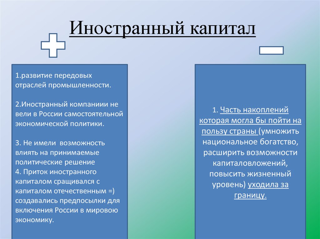 Плюсы и минусы 18 века. Иностранный капитал в экономике России в начале 20. Иностранный капитал в России в начале 20 века. Роль иностранного капитала в экономике. Иностранный капитал 20 века.