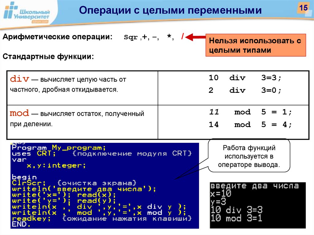 Вывод результата программы. Операции с переменными. Операция деления в Паскале. Введение переменных в Паскале. Дробные переменные в Паскале.