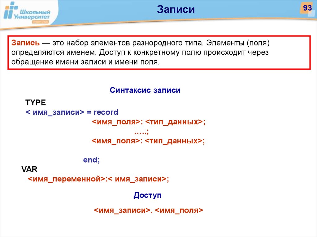 Синтаксис полей. Тип данных запись.