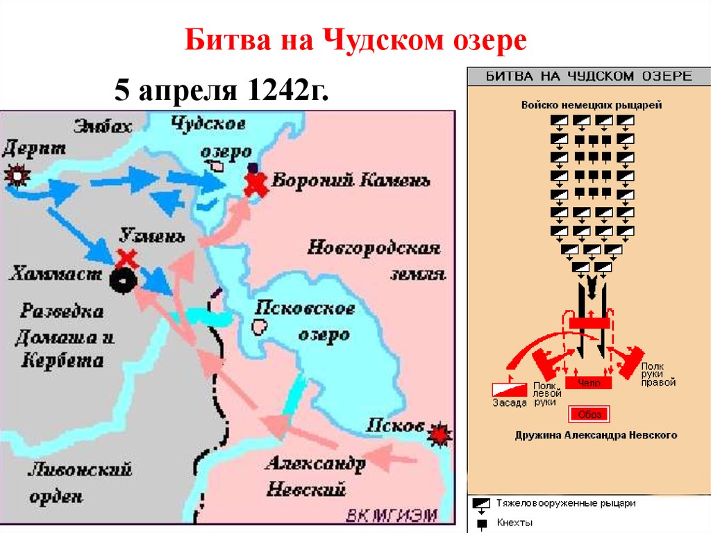 Какой цифрой в легенде схемы обозначено расположение тяжеловооруженных немецких рыцарей