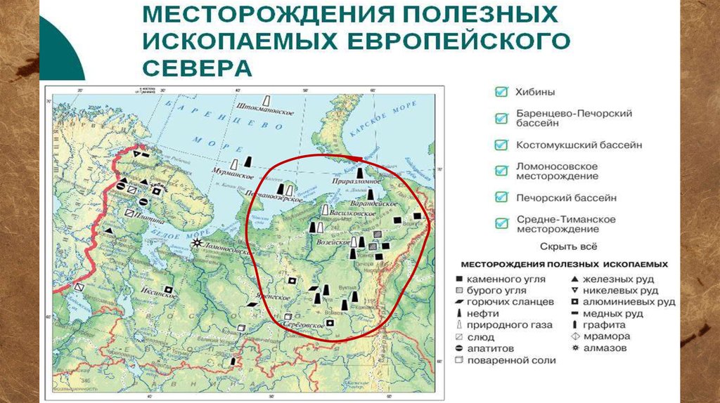 Добыча железной руды в европейской части россии. Природные ресурсы европейского севера на карте. Полезные ископаемые Северного экономического района на карте.