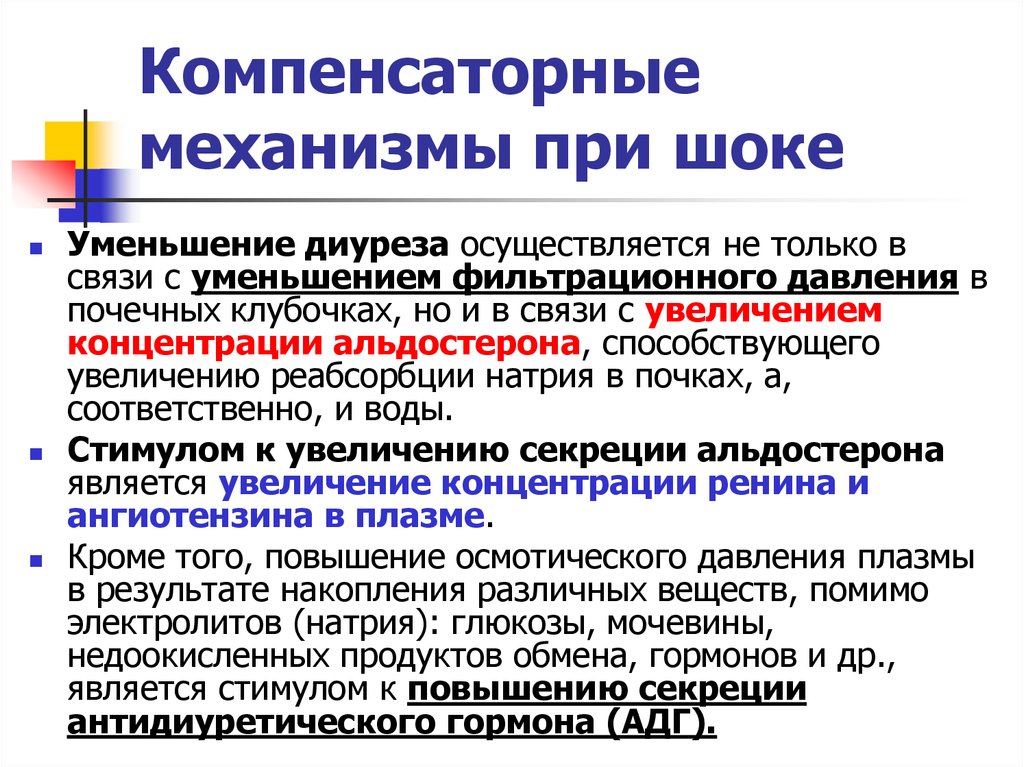 Механизм снижения. Компенсаторные реакции при шоке. Компенсаторные механизмы. Механизм снижения диуреза. Компенсаторные механизмы при.