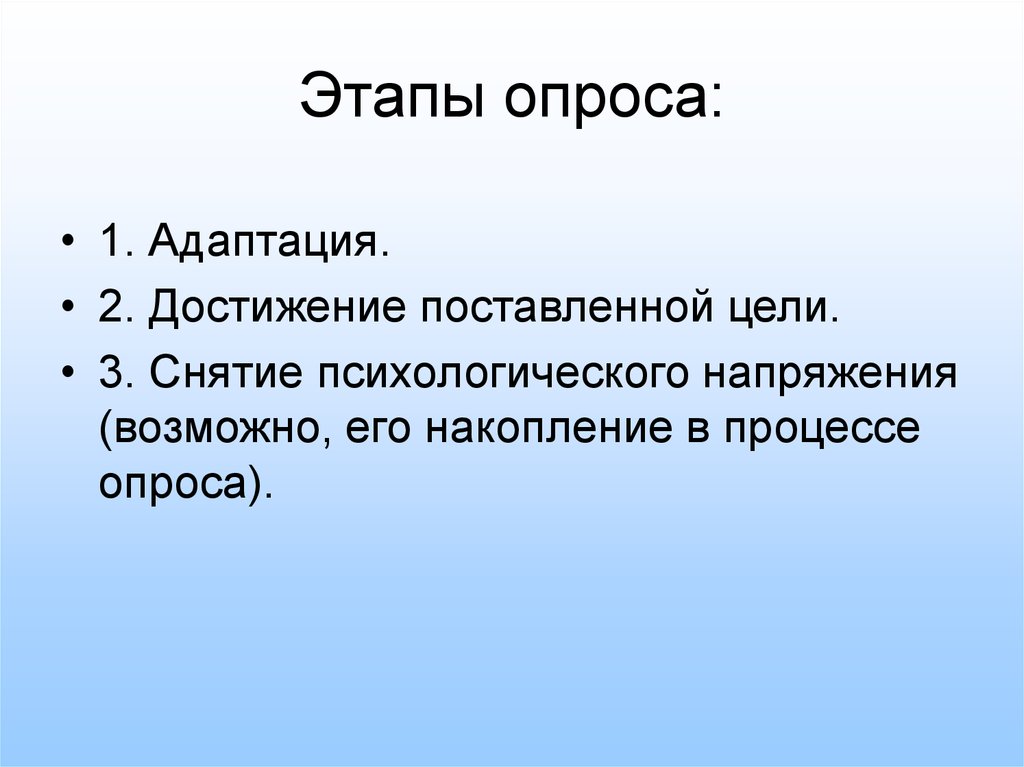 Процесс опроса. Этапы опроса. Стадии опроса. Этапы опроса в психологии. Виды стадий опроса:.