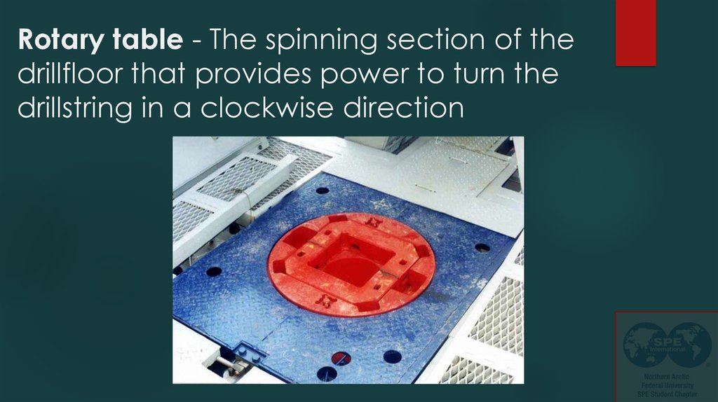 Rotary table - The spinning section of the drillfloor that provides power to turn the drillstring in a clockwise direction