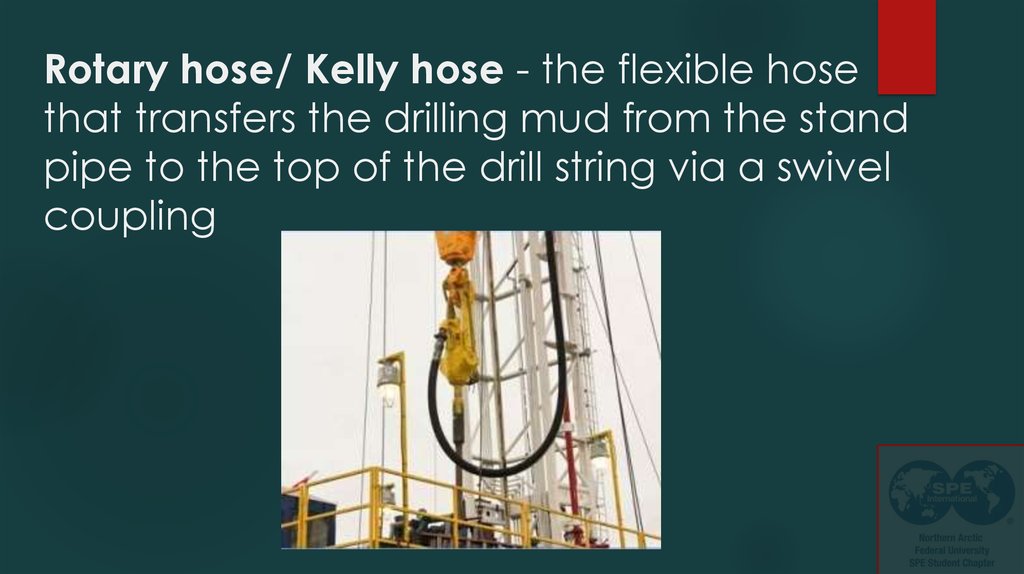 Rotary hose/ Kelly hose - the flexible hose that transfers the drilling mud from the stand pipe to the top of the drill string