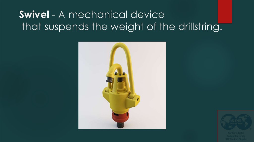 Swivel - A mechanical device that suspends the weight of the drillstring.