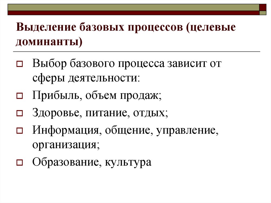 Базовый процесс. Выделение базового. Выделение Доминанты развития предприятия.