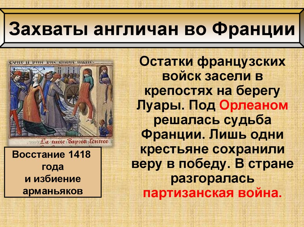 Рассказ захват. Захваты англичан во Франции. Захват англичан во Франции в начале 15 века. Восстание 1418 года и избиение арманьяков.