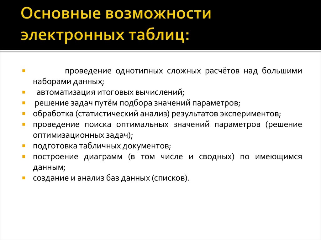 Назначение и основные возможности электронных таблиц. Возможности электронных таблиц. Возможности динамических электронных таблиц. Основные возможности электронных таблиц. Основные возсожностиэлектронных таблиц.