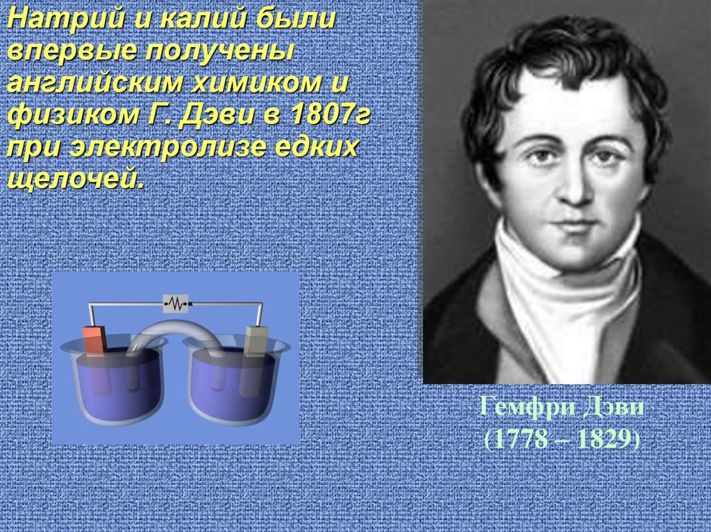 Впервые получен. Химик Гемфри Дэви. Гемфри Дэви (1778 - 1829 йй.). Гемфри Дэви 1807. Дэви английский Химик и физик.