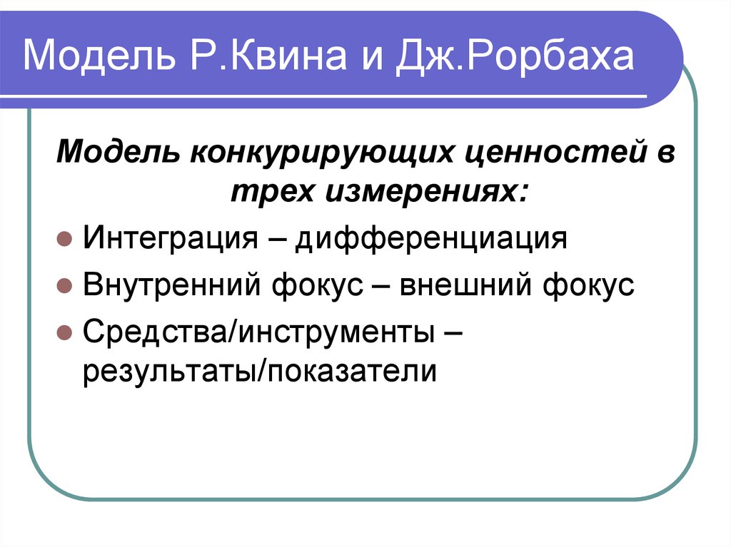 Конкурирующие ценности. Модель Квина Рорбаха. Р. Квином и Дж. Рорбахом модель. Модель конкурирующих ценностей.