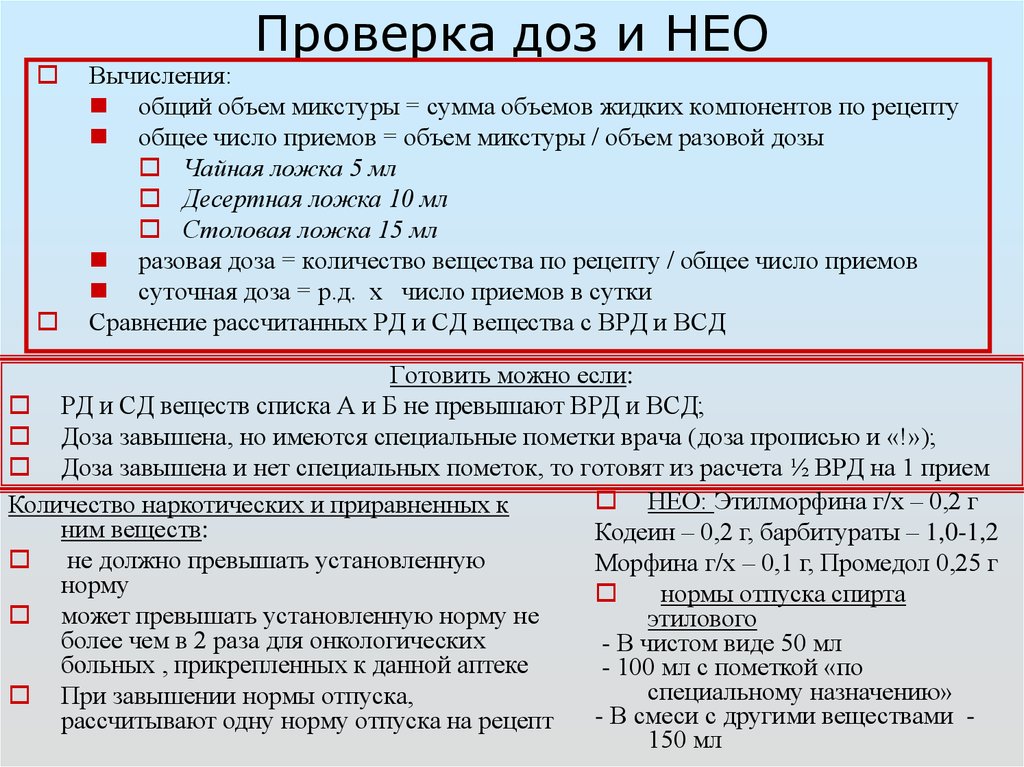 Дозировка жидкого. Расчет общего объема микстуры. Высшая разовая доза. Проверка доз порошков. Разовая доза в рецепте.