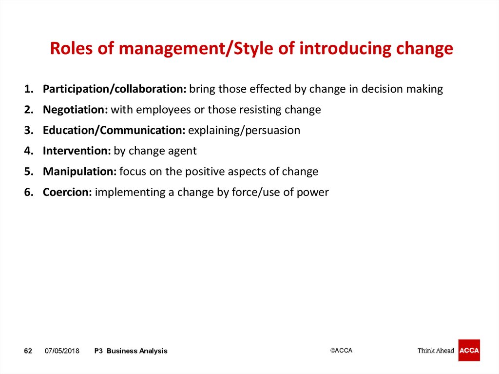 Roles of management/Style of introducing change