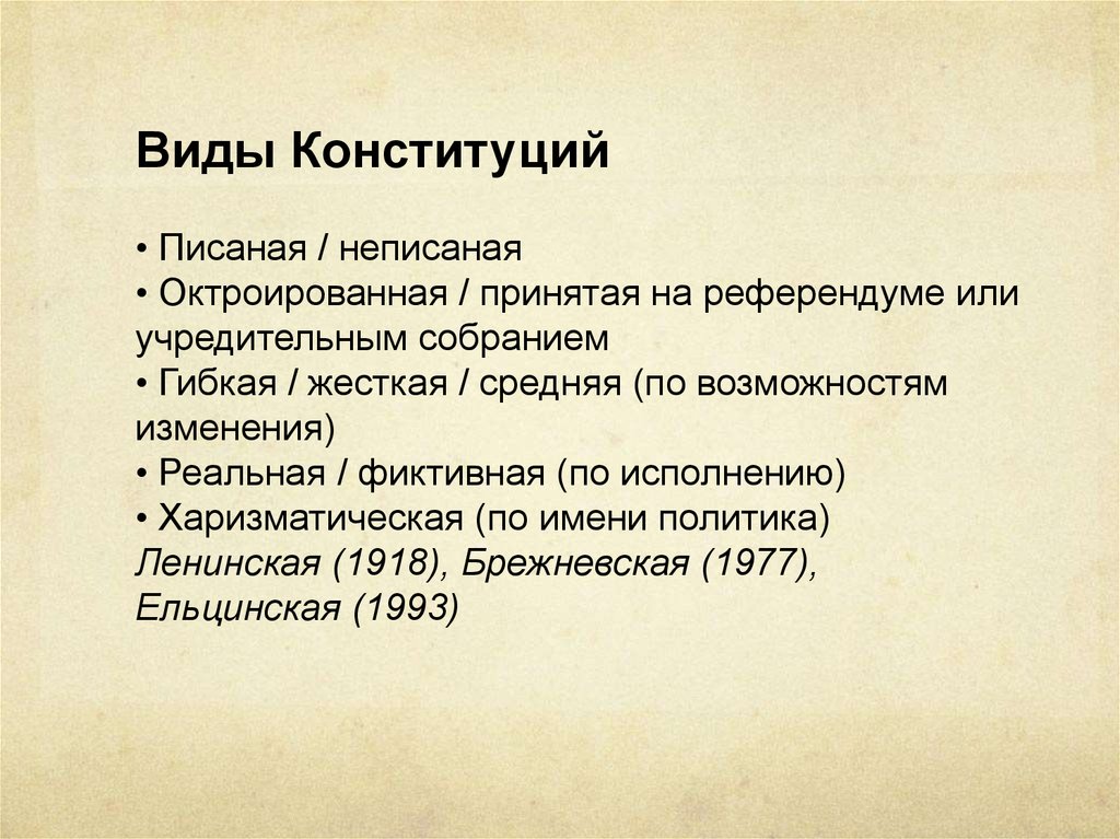 Виды конституций. Виды октроированных конституций. Харизматическая Конституция это. Гибкая Конституция это.