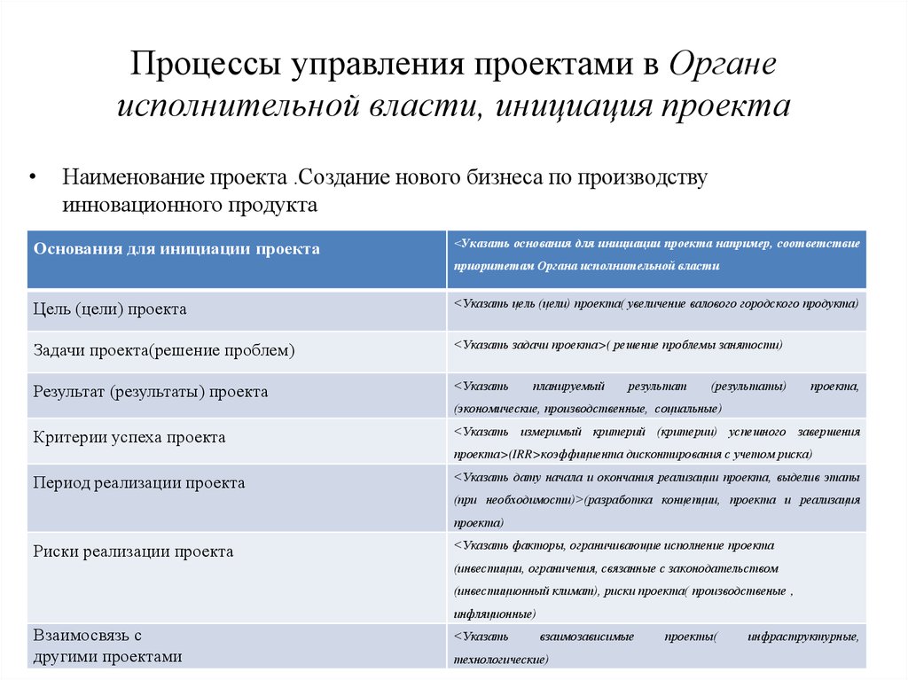 Процесс инициации проекта наименование требования стандарта