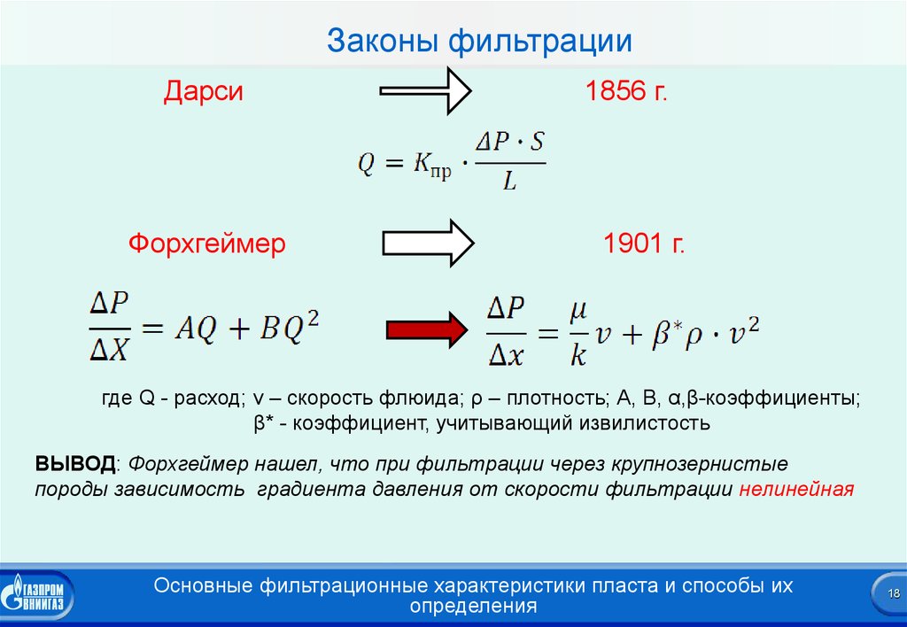 Закон фильтрации форхгеймера. Фильтрационно-емкостные свойства. Характеристики пласта. Уравнение форхгеймера.