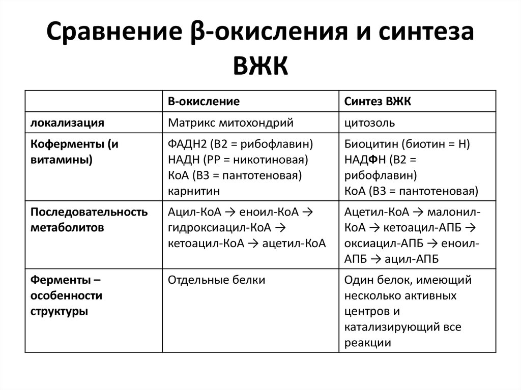 Синтез сравнение. Сравнительная характеристика бета окисления и синтеза жирных кислот. Сравнение бета окисления и синтеза жирных кислот. Сравнение бета окисления и синтеза жирных кислот таблица. Отличие бета окисления от синтеза жирных кислот.