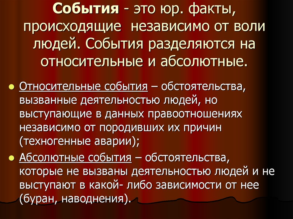 Обстоятельства события. Абсолютные и относительные события. Относительные события примеры. Событие. Абсолютные юридические события.