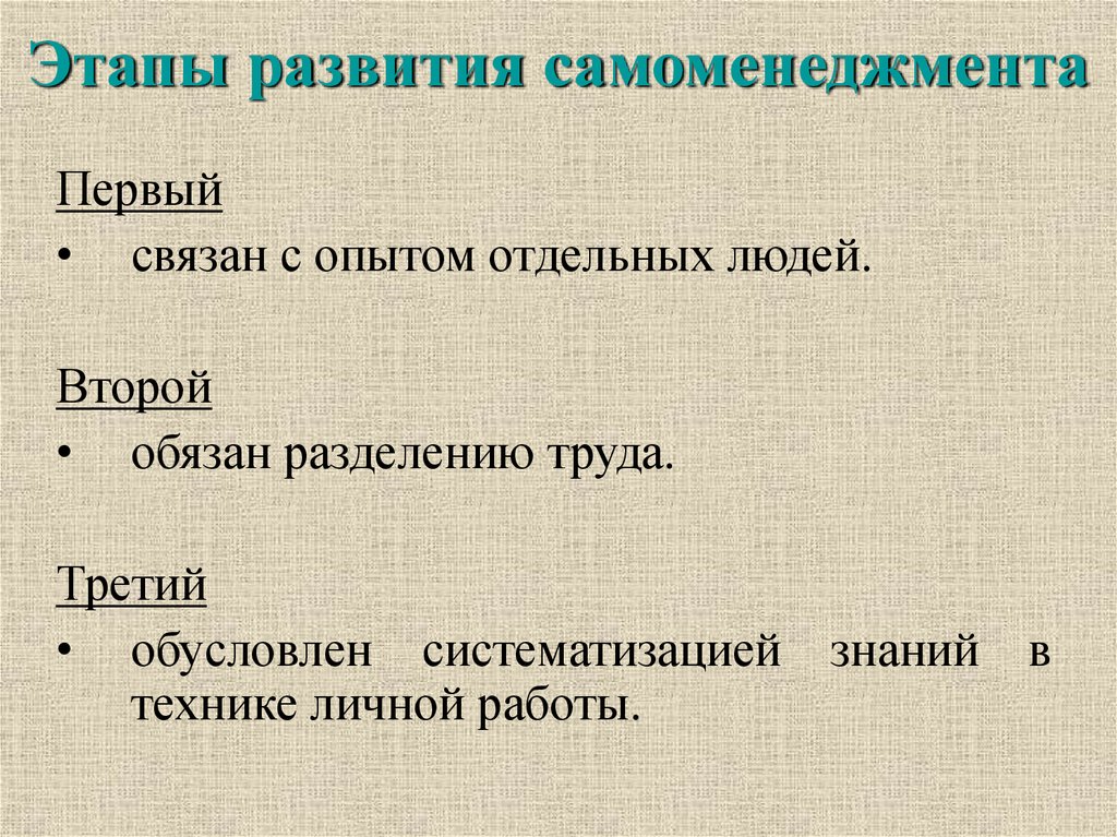 Этапе возможно. Этапы развития самоменеджмента. Основные этапы развития самоменеджмента. Эволюция самоменеджмента. Три этапа развития самоменеджмента.