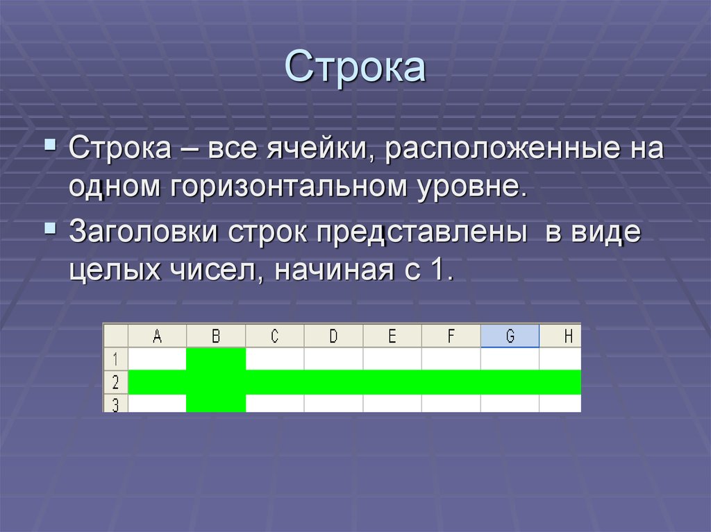 Горизонтальная строка. Строка заголовка. Все ячейки расположенные на одном горизонтальном уровне. На строке или в строке. Ячейки располагаются.