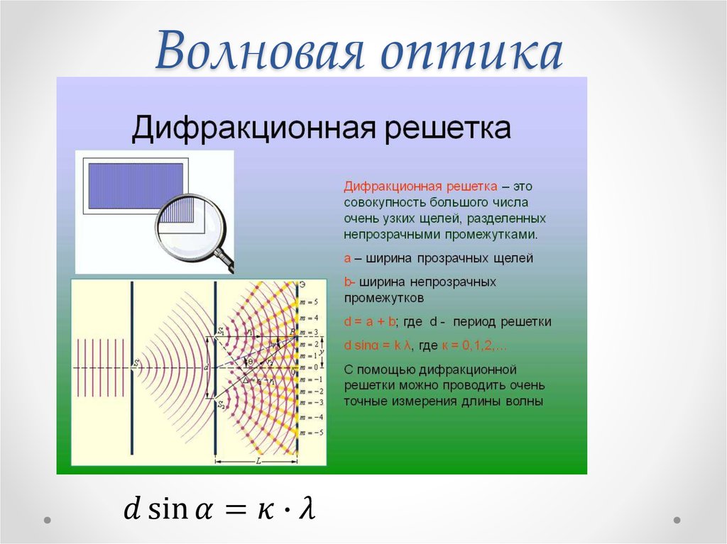 Условие наблюдения дифракционной картины механических волн. Волновая оптика. 1. Волновая оптика. Дифракционная решетка оптический прибор. Дифракция в оптике.