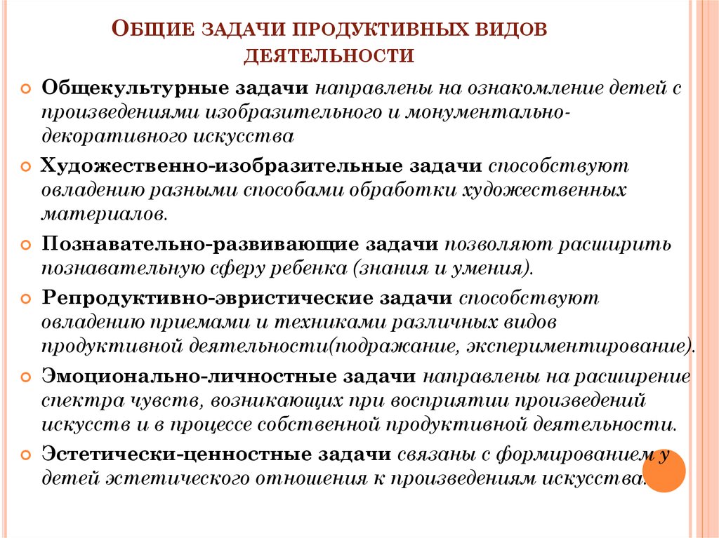 Задачи методам обучения. Задачи продуктивной деятельности дошкольников. Типы и виды продуктивной деятельности дошкольников. Задачи видов деятельности. Продуктивные виды деятельности.