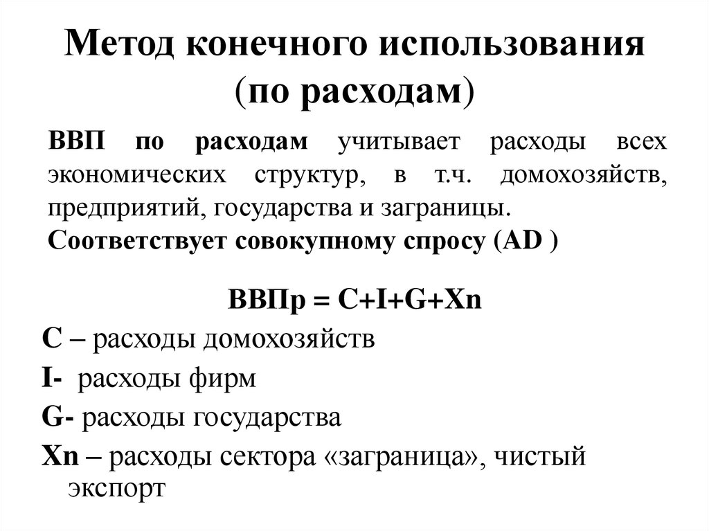 Метод конечного использования по расходам формула. Валовой внутренний продукт методом конечного использования. Метод конечного использования для измерения ВВП. ВВП по методу конечного использования.