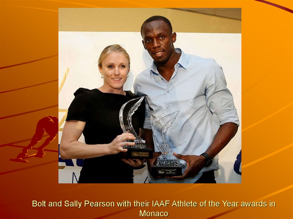Bolt and Sally Pearson with their IAAF Athlete of the Year awards in Monaco