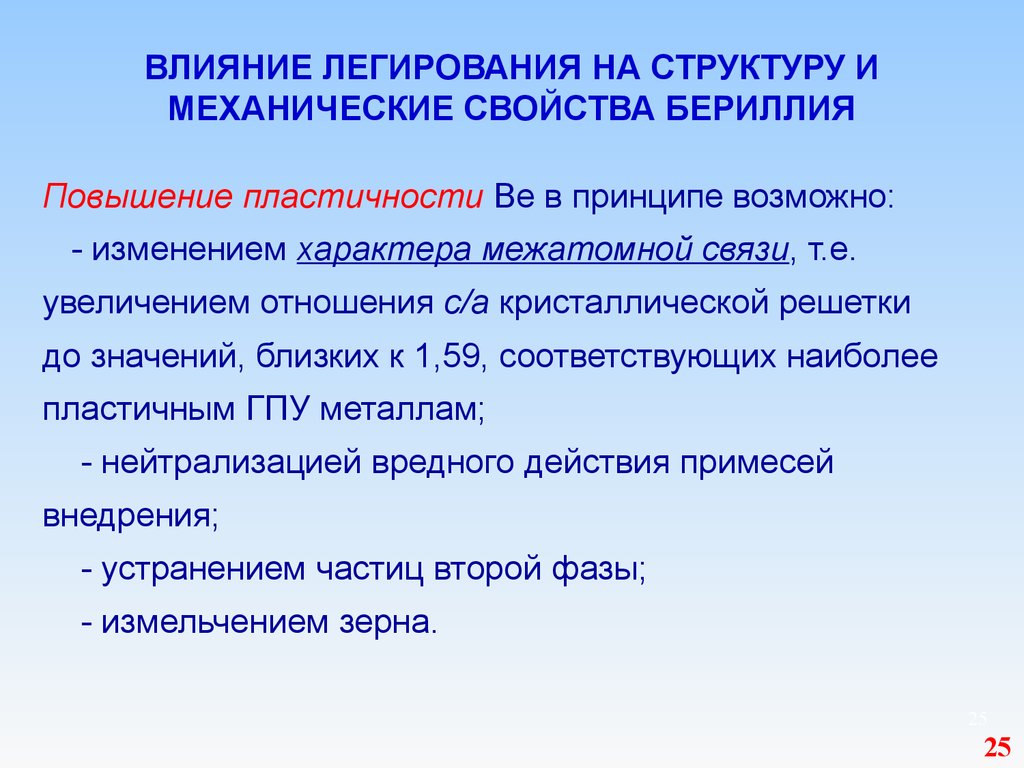 Принцип пластичности. Пластичность бериллия. Повышенная пластичность. Легирование бериллием.