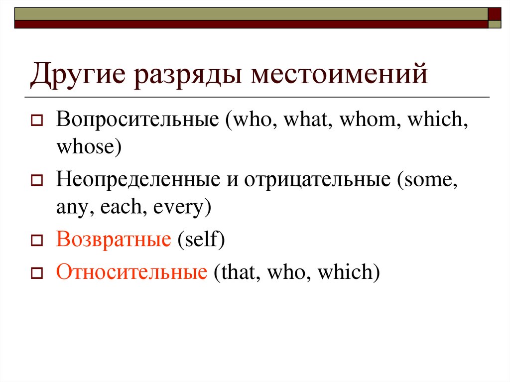 Местоимение other. Местоимения who whom whose what which. Древнеанглийские местоимения.