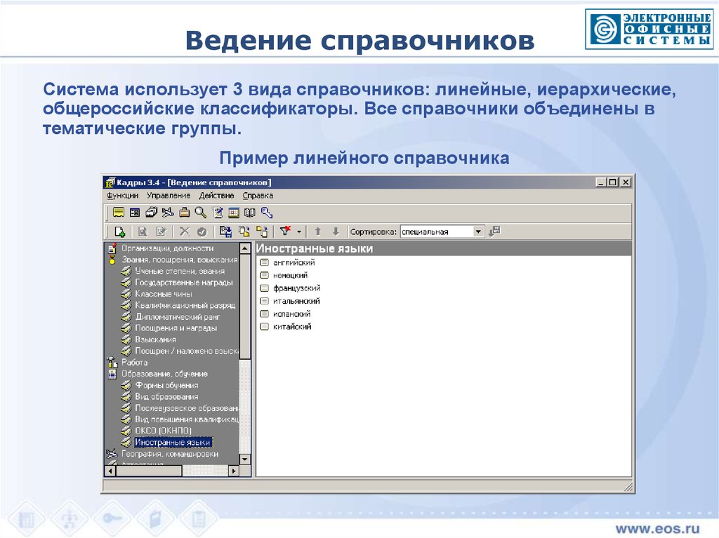 Система кадры. Виды справочников. Справочники и классификаторы. Справочники линейные справочники. Разновидности электронных справочников.