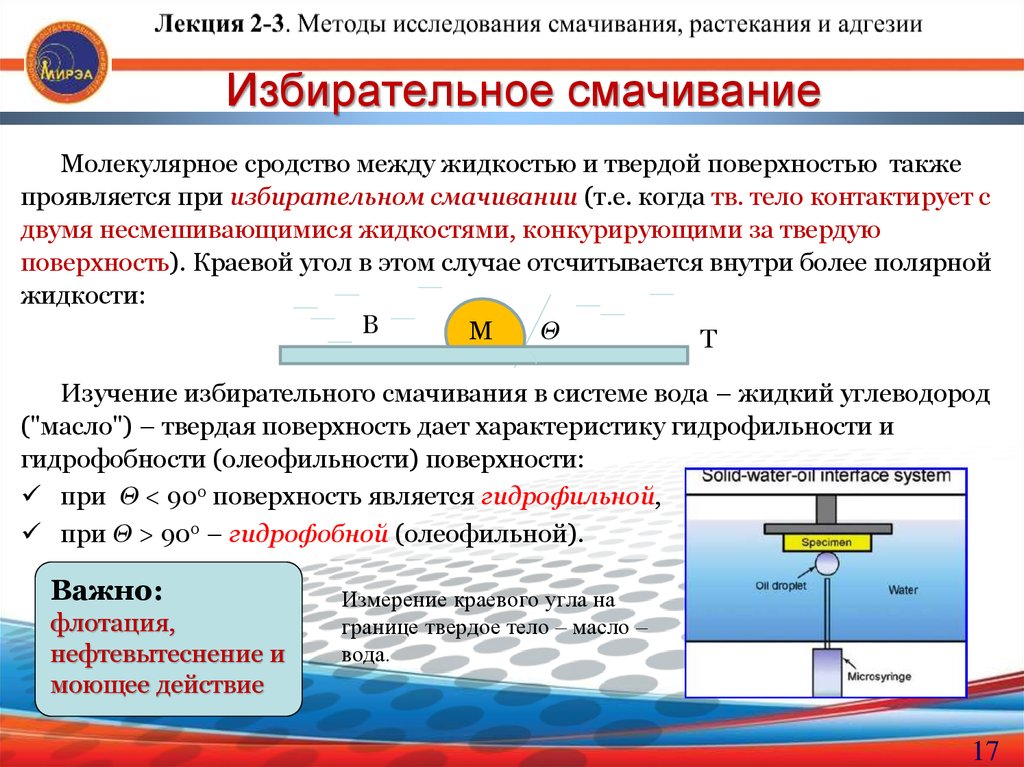 Измерение внутренней энергии. Избирательное смачивание. Избирательная смачиваемость. Методы исследования смачивания. Методы исследования смачивания поверхности.