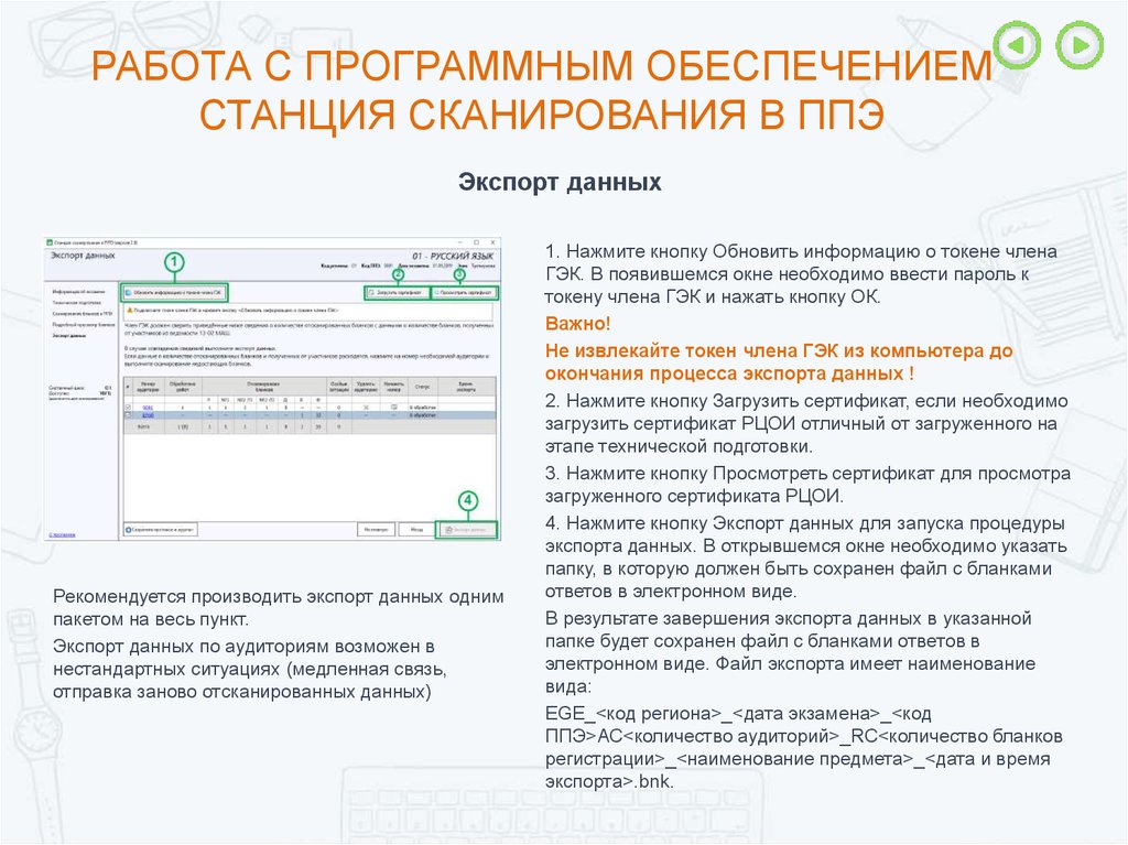 Экспортер данных. Пароль токен члена ГЭК. Станция сканирования в ППЭ. Кнопка экспорт данных. Токены членов ГЭК.