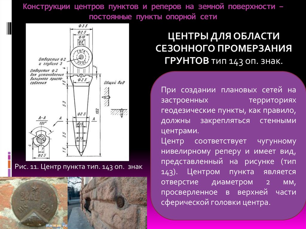 Тип центр. Постоянные центры пунктов опорной сети. Стенной репер Тип 143. Чертежи типов центров и реперов Тип 9. Опишите конструкцию центров.