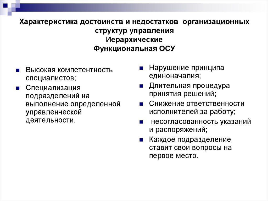 Недостатки организационной структуры. Достоинства и недостатки иерархической структуры управления. Достоинства и недостатки осу. Недостатки функциональной осу. Достоинства и недостатки механических и органических осу.