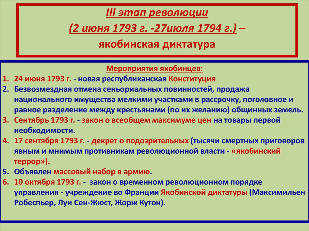 Причины якобинской диктатуры. Этап революции 2 июня 1793_ 27 июля 1794. Якобинская диктатура режим правления. Мероприятия якобинской диктатуры. Якобинская диктатура 1793 1794.